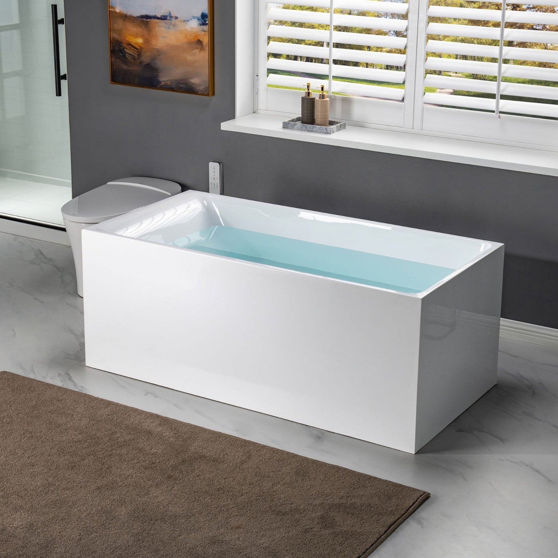WoodBridge BTA0081 59" White Acrylic Freestanding Soaking Bathtub With Brushed Gold Overflow, Drain, F0073BGVT Tub Filler and Caddy Tray