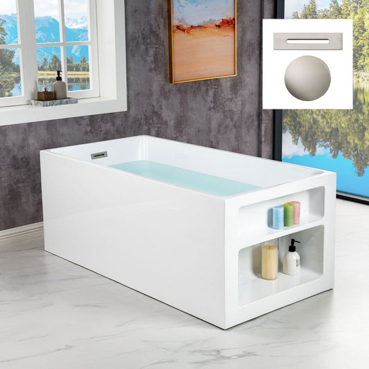 WoodBridge BTA0081 59" White Acrylic Freestanding Soaking Bathtub With Brushed Nickel Overflow and Drain