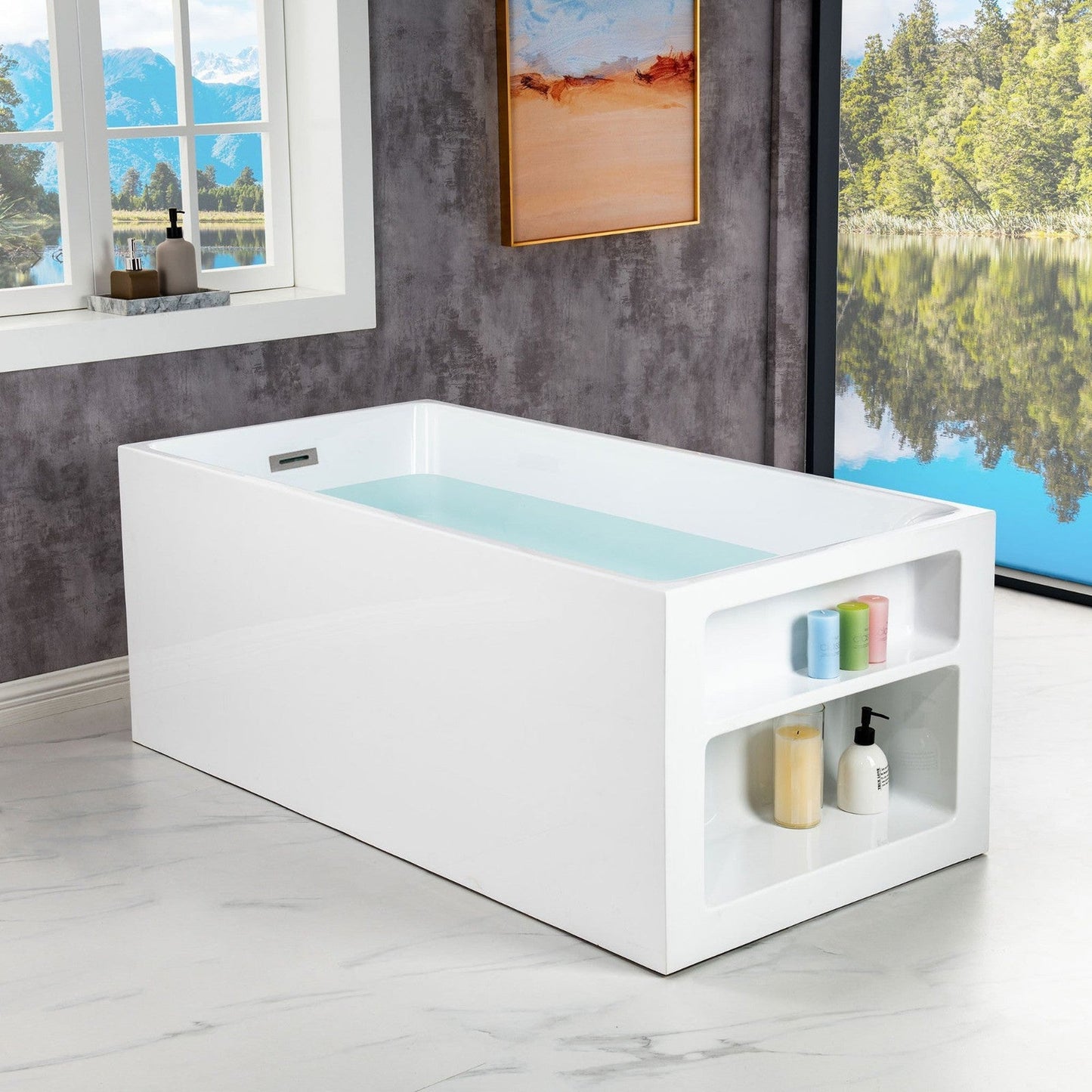 WoodBridge BTA0081 59" White Acrylic Freestanding Soaking Bathtub With Brushed Nickel Overflow and Drain