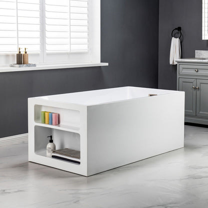 WoodBridge BTA0081 59" White Acrylic Freestanding Soaking Bathtub With Brushed Nickel Overflow and Drain