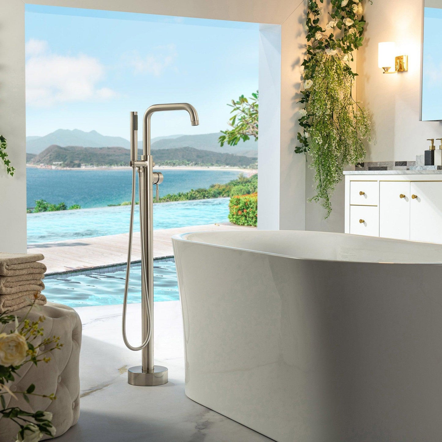WoodBridge BTA1526 67" White Acrylic Freestanding Contemporary Soaking Bathtub With Brushed Nickel Overflow, Drain, F0070BNRD Tub Filler and Caddy Tray