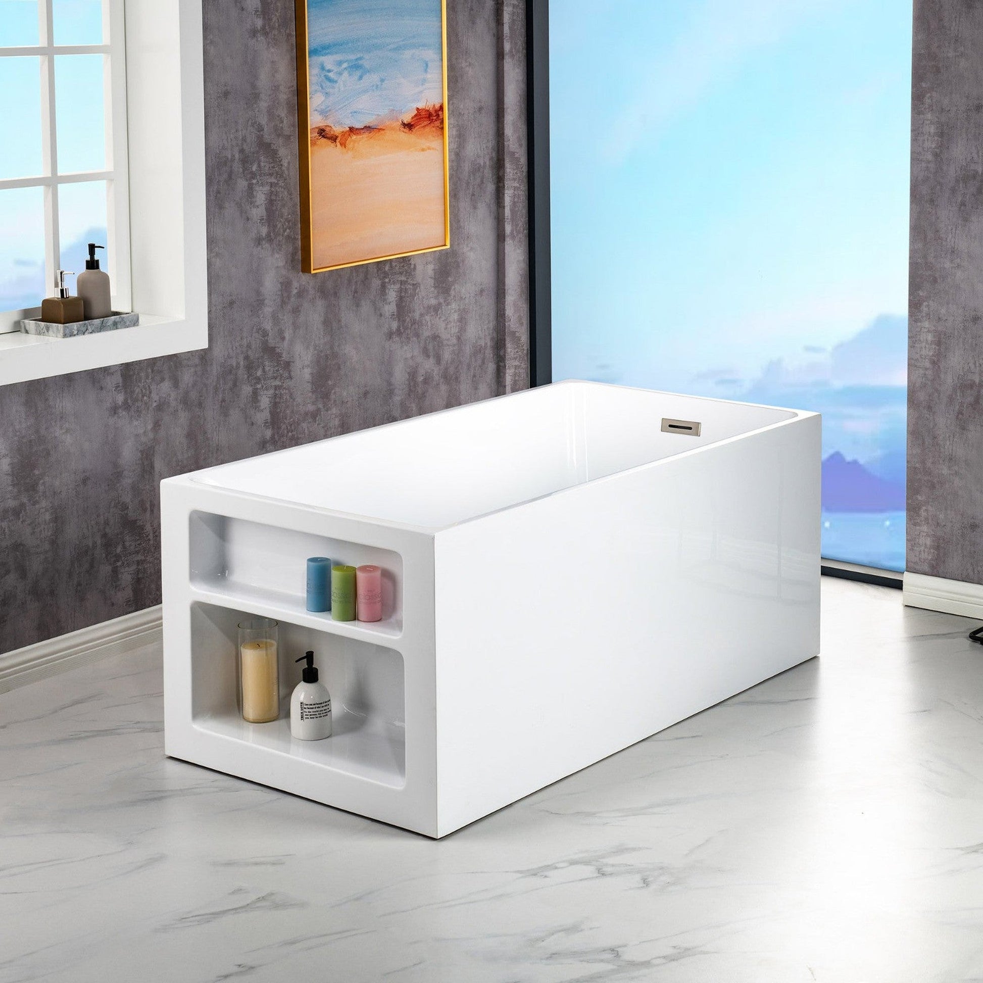 WoodBridge BTA0081 59" White Acrylic Freestanding Soaking Bathtub With Brushed Nickel Overflow and Drain