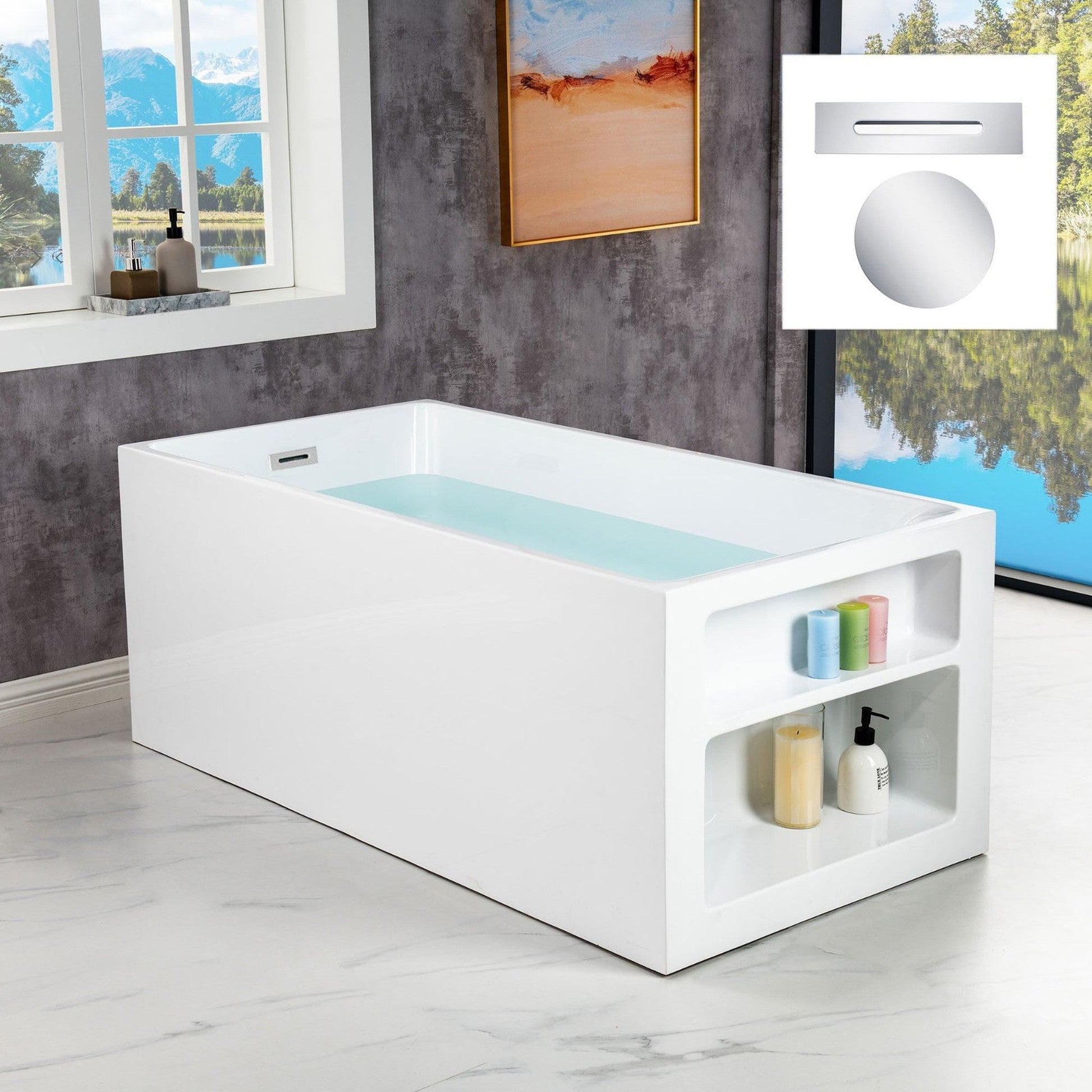 WoodBridge BTA0081 59" White Acrylic Freestanding Soaking Bathtub With Chrome Overflow and Drain