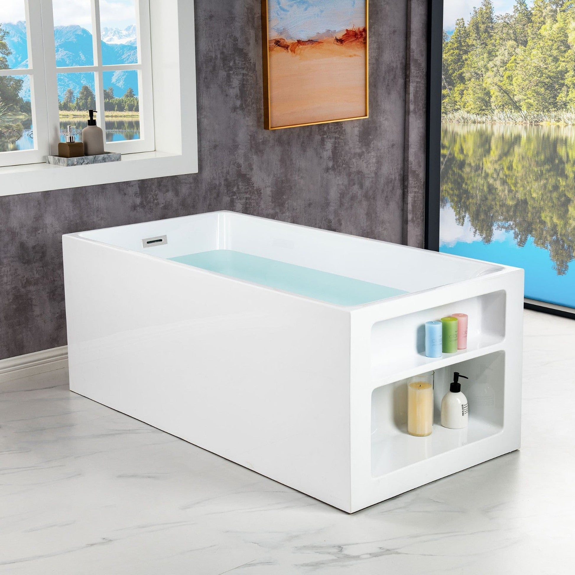 WoodBridge BTA0081 59" White Acrylic Freestanding Soaking Bathtub With Chrome Overflow and Drain