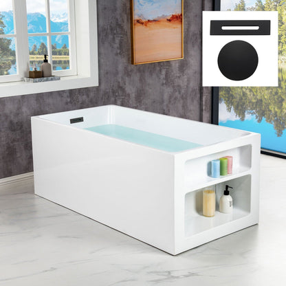 WoodBridge BTA0081 59" White Acrylic Freestanding Soaking Bathtub With Matte Black Overflow and Drain