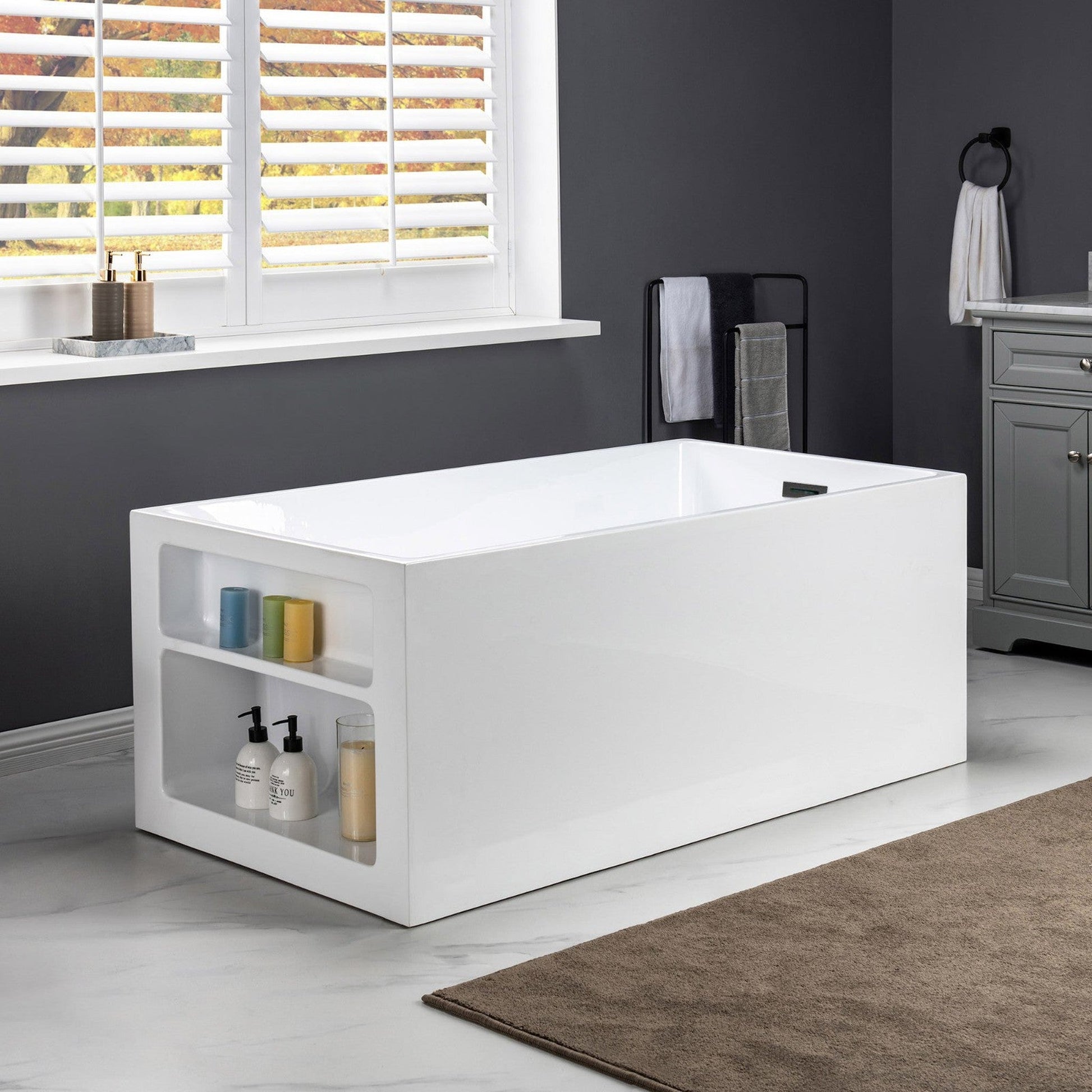 WoodBridge BTA0081 59" White Acrylic Freestanding Soaking Bathtub With Matte Black Overflow, Drain, F0025MBVT Tub Filler and Caddy Tray