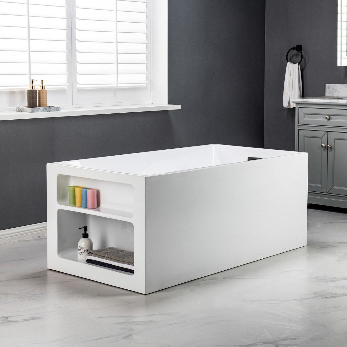 WoodBridge BTA0081 59" White Acrylic Freestanding Soaking Bathtub With Matte Black Overflow, Drain, F0025MBVT Tub Filler and Caddy Tray
