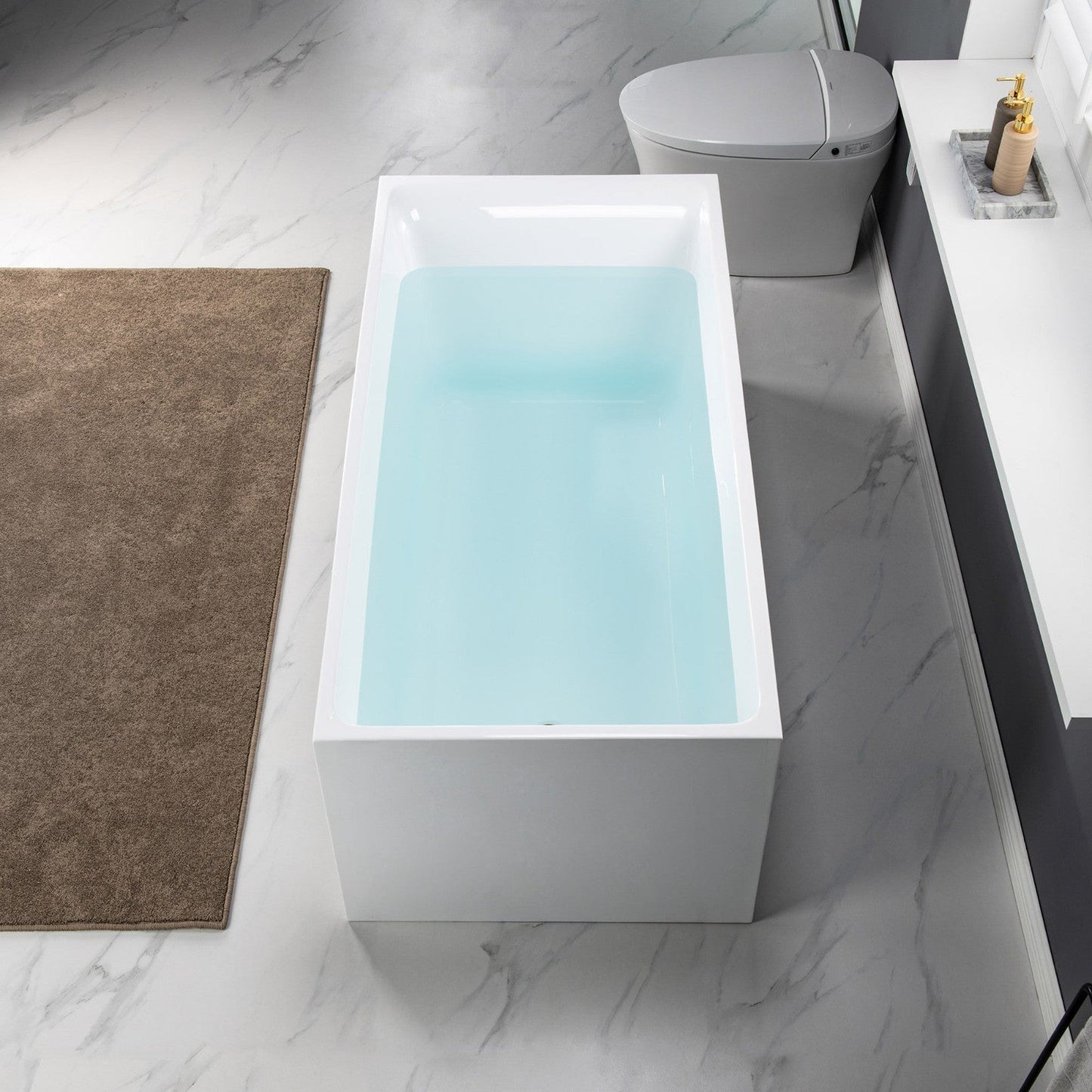 WoodBridge BTA0081 59" White Acrylic Freestanding Soaking Bathtub With Matte Black Overflow, Drain, F0025MBVT Tub Filler and Caddy Tray