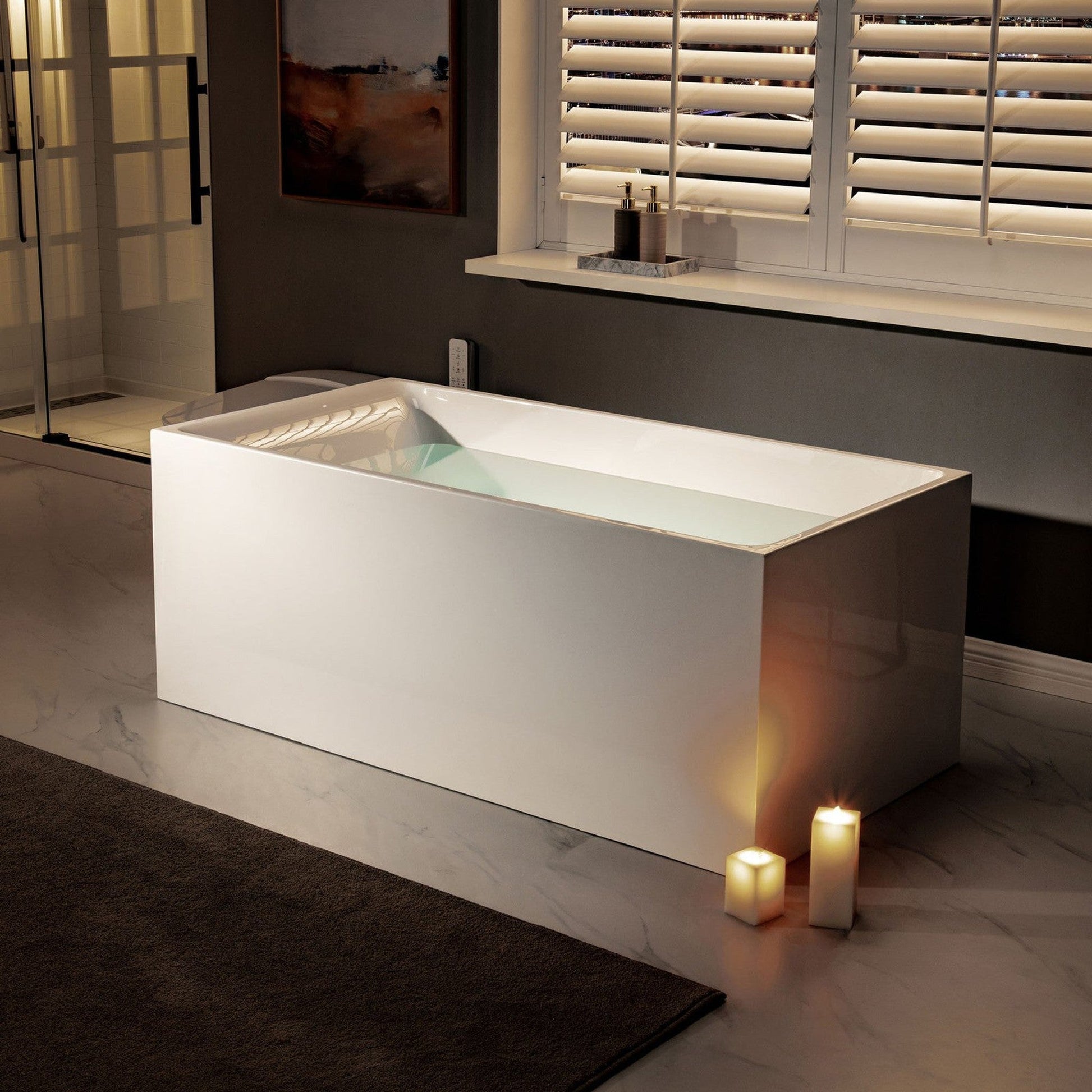 WoodBridge BTA0081 59" White Acrylic Freestanding Soaking Bathtub With Matte Black Overflow, Drain, F0025MBVT Tub Filler and Caddy Tray