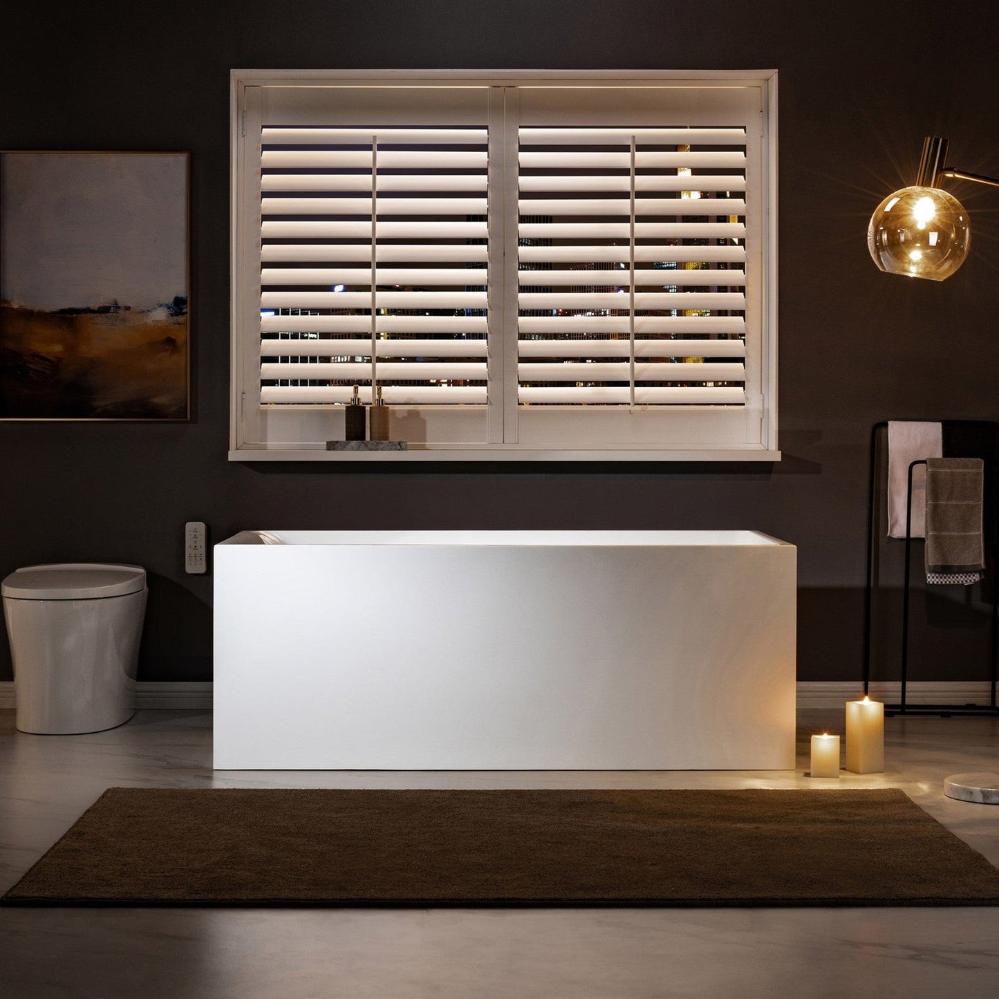 WoodBridge BTA0081 59" White Acrylic Freestanding Soaking Bathtub With Matte Black Overflow, Drain, F0025MBVT Tub Filler and Caddy Tray