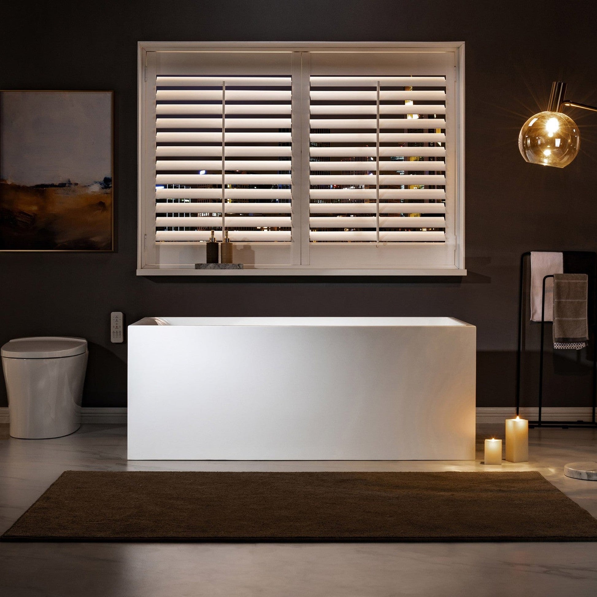 WoodBridge BTA0081 59" White Acrylic Freestanding Soaking Bathtub With Matte Black Overflow, Drain, F0025MBVT Tub Filler and Caddy Tray