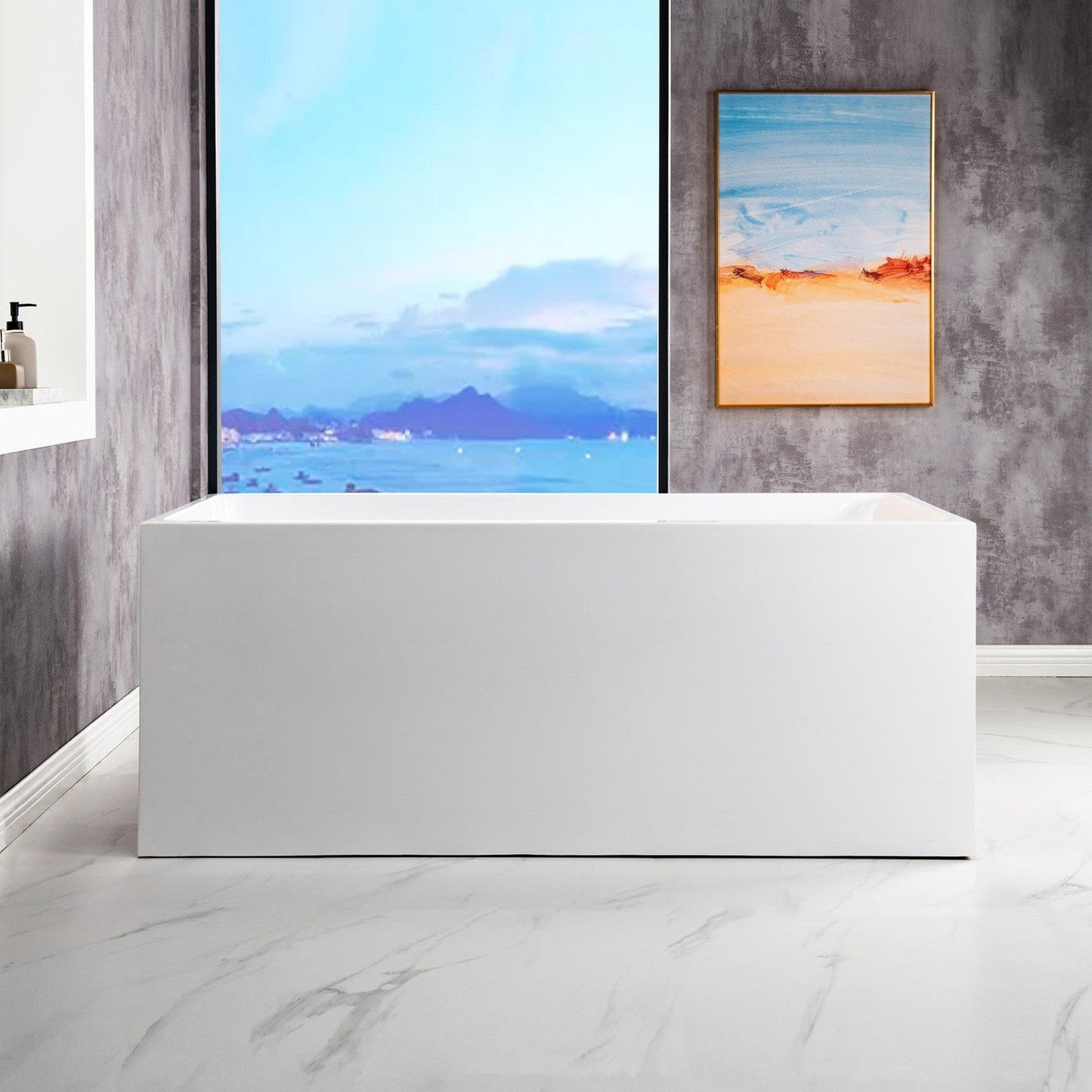 WoodBridge BTA0081 59" White Acrylic Freestanding Soaking Bathtub With Matte Black Overflow, Drain, F0025MBVT Tub Filler and Caddy Tray