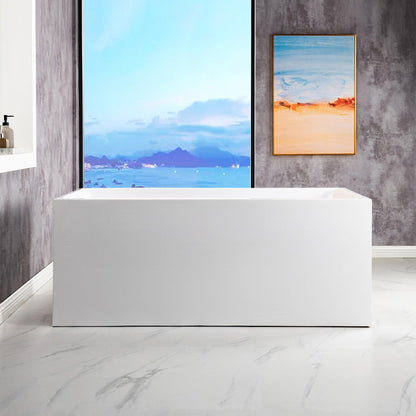WoodBridge BTA0081 59" White Acrylic Freestanding Soaking Bathtub With Matte Black Overflow, Drain, F0025MBVT Tub Filler and Caddy Tray