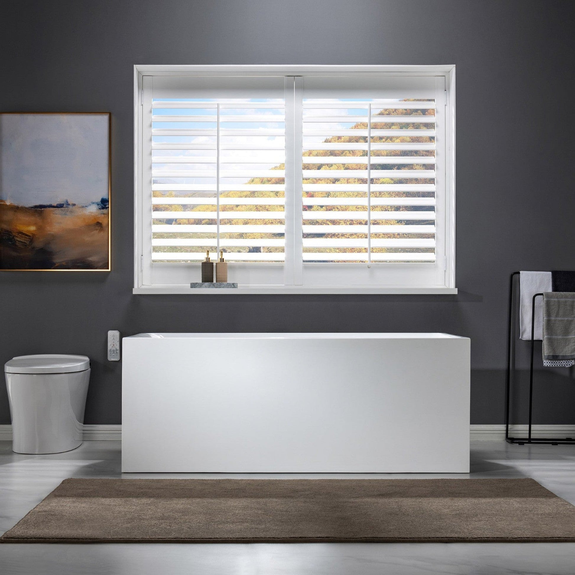 WoodBridge BTA0081 59" White Acrylic Freestanding Soaking Bathtub With Matte Black Overflow, Drain, F0025MBVT Tub Filler and Caddy Tray