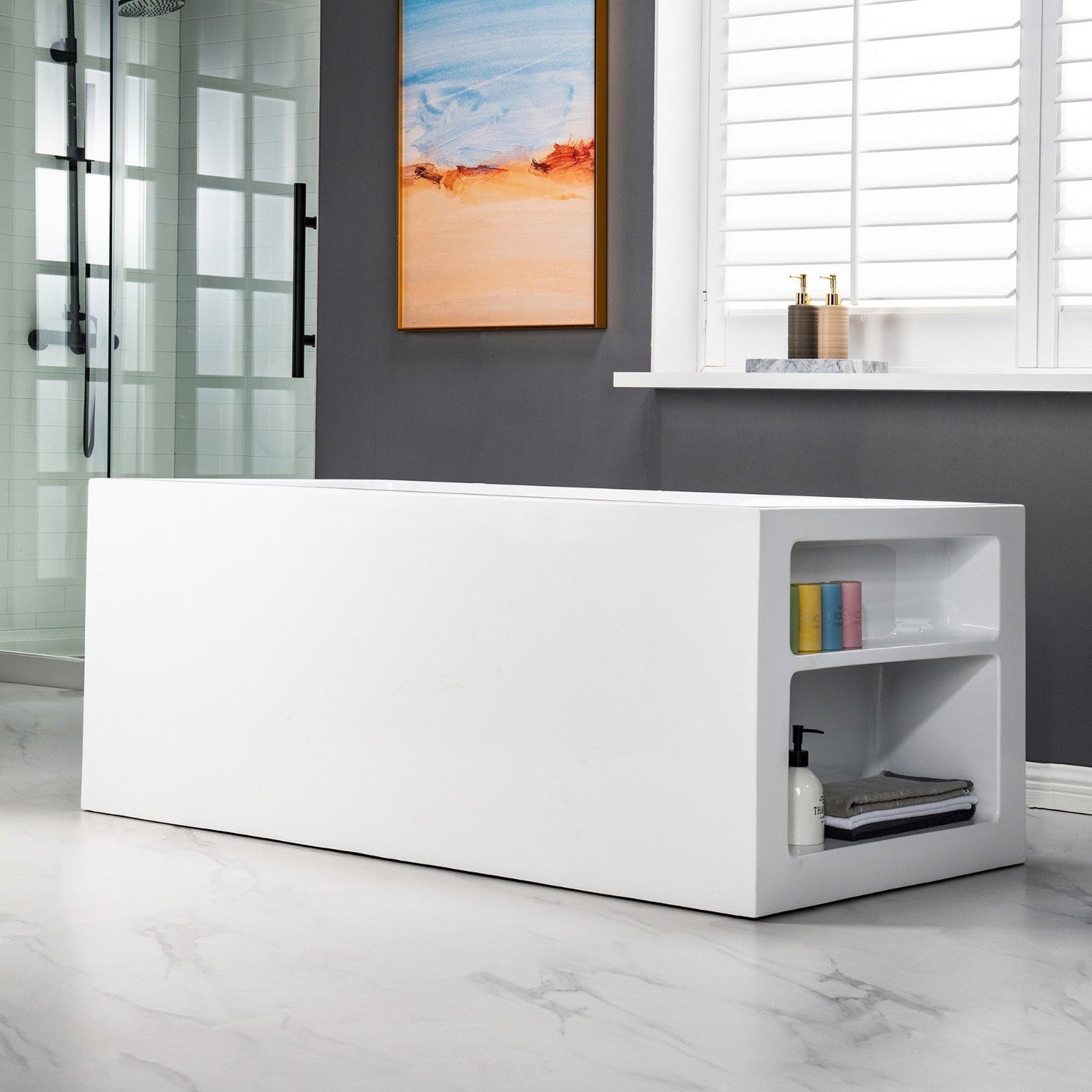 WoodBridge BTA0081 59" White Acrylic Freestanding Soaking Bathtub With Matte Black Overflow, Drain, F0025MBVT Tub Filler and Caddy Tray