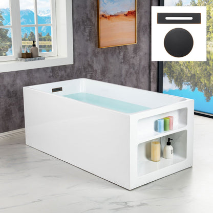 WoodBridge BTA0081 59" White Acrylic Freestanding Soaking Bathtub With Oil Rubbed Bronze Overflow and Drain