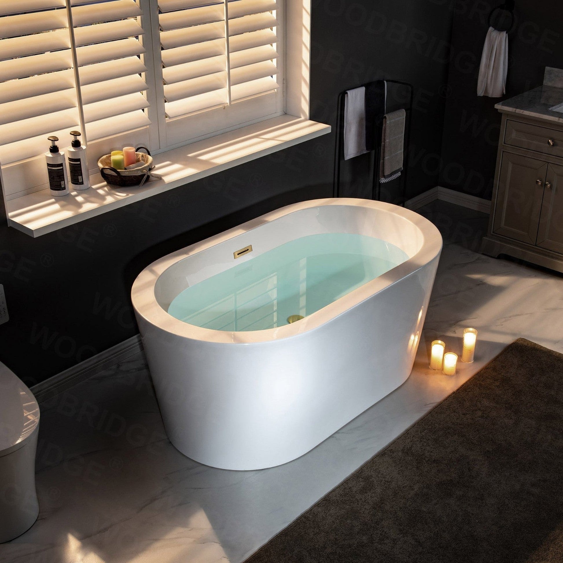 WoodBridge BTA0088 56" White Acrylic Freestanding Soaking Bathtub With Brushed Gold Drain, Overflow, F0073BGVT Tub Filler and Caddy Tray