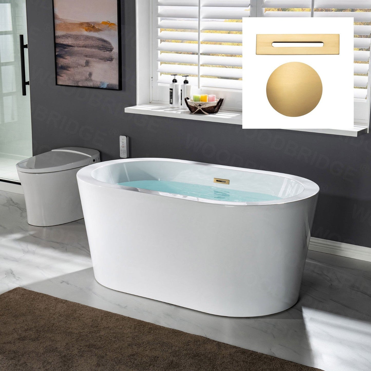 WoodBridge BTA0088 56" White Acrylic Freestanding Soaking Bathtub With Brushed Gold Drain, Overflow, F0073BGVT Tub Filler and Caddy Tray