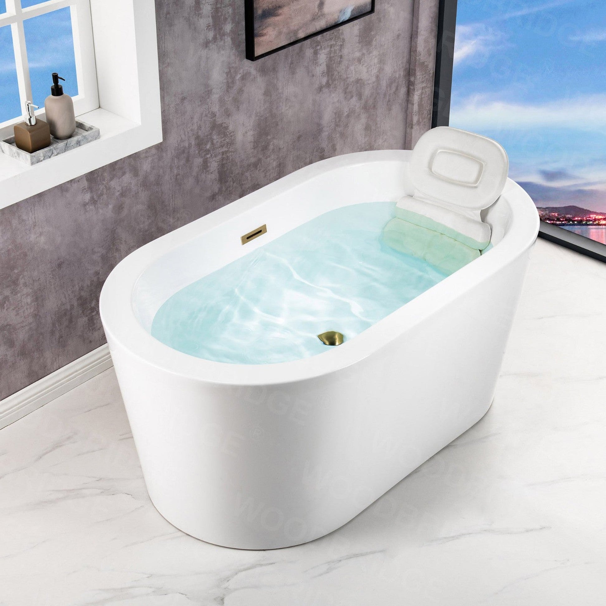 WoodBridge BTA0088 56" White Acrylic Freestanding Soaking Bathtub With Brushed Gold Drain, Overflow, F0073BGVT Tub Filler and Caddy Tray