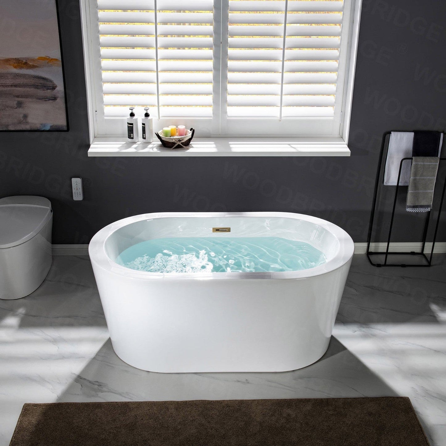 WoodBridge BTA0088 56" White Acrylic Freestanding Soaking Bathtub With Brushed Gold Drain, Overflow, F0073BGVT Tub Filler and Caddy Tray