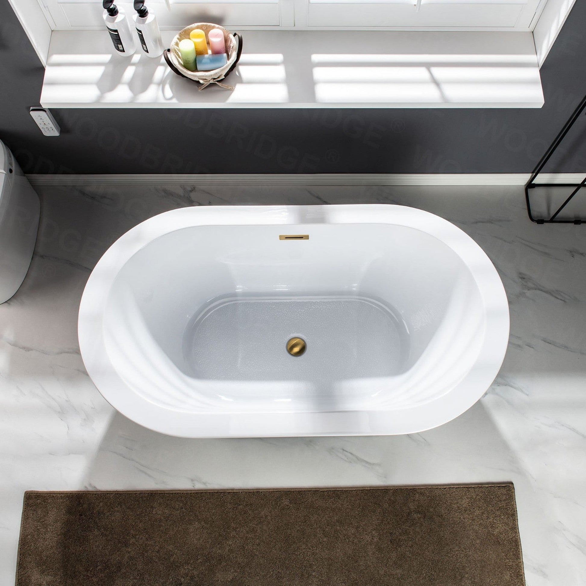 WoodBridge BTA0088 56" White Acrylic Freestanding Soaking Bathtub With Brushed Gold Drain, Overflow, F0073BGVT Tub Filler and Caddy Tray