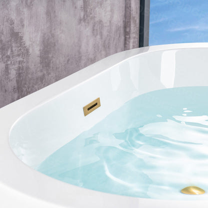 WoodBridge BTA0088 56" White Acrylic Freestanding Soaking Bathtub With Brushed Gold Drain and Overflow