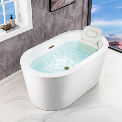 WoodBridge BTA0088 56" White Acrylic Freestanding Soaking Bathtub With Brushed Gold Drain and Overflow