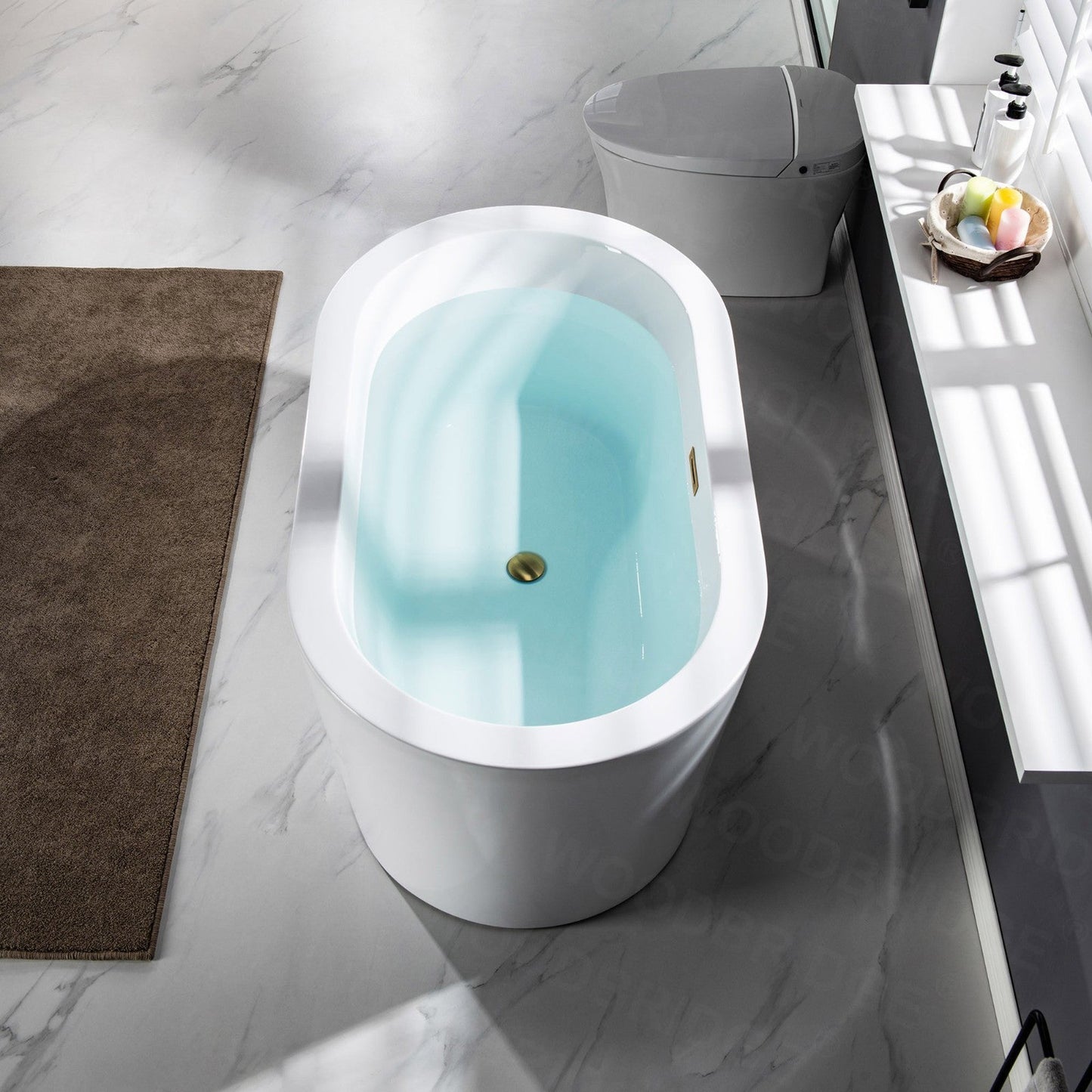 WoodBridge BTA0088 56" White Acrylic Freestanding Soaking Bathtub With Brushed Gold Drain and Overflow