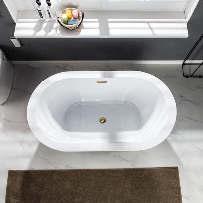 WoodBridge BTA0088 56" White Acrylic Freestanding Soaking Bathtub With Brushed Gold Drain and Overflow