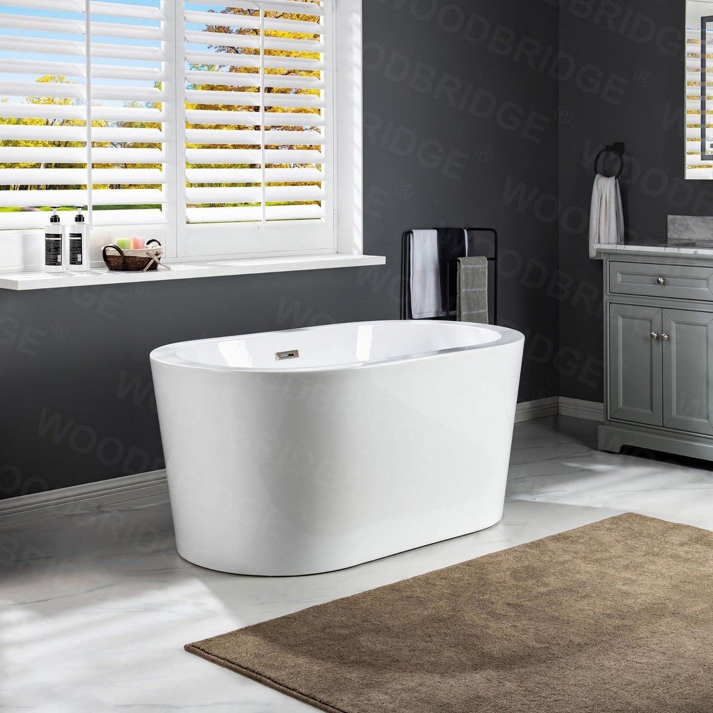 WoodBridge BTA0088 56" White Acrylic Freestanding Soaking Bathtub With Brushed Nickel Drain, Overflow, F0022 Tub Filler and Caddy Tray