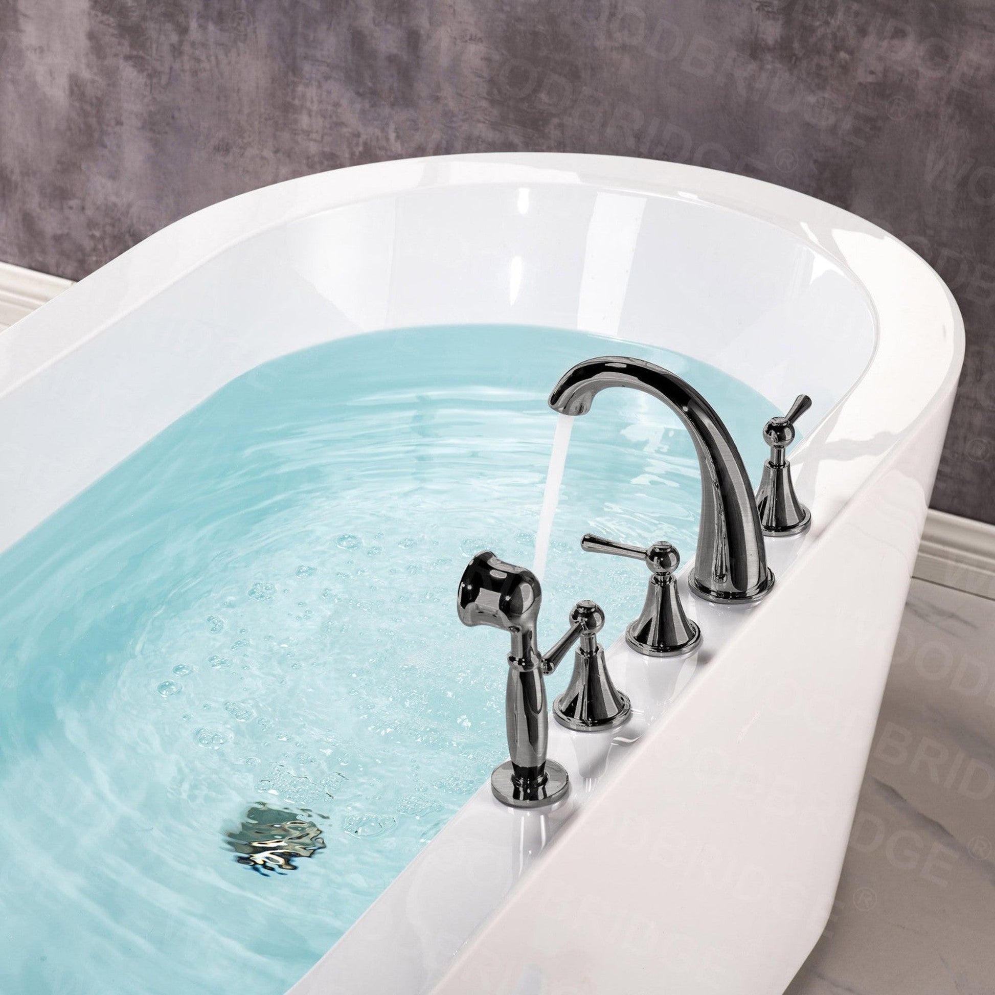 WoodBridge BTA0088 56" White Acrylic Freestanding Soaking Bathtub With Brushed Nickel Drain, Overflow, F0022 Tub Filler and Caddy Tray