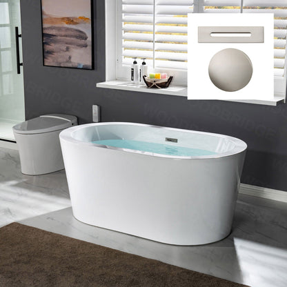 WoodBridge BTA0088 56" White Acrylic Freestanding Soaking Bathtub With Brushed Nickel Drain, Overflow, F0022 Tub Filler and Caddy Tray