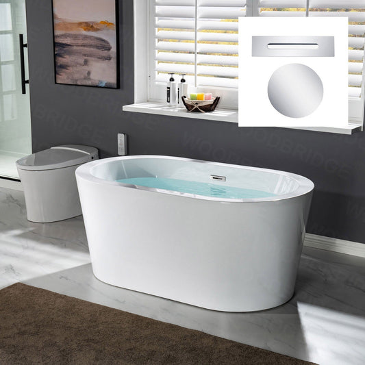 WoodBridge BTA0088 56" White Acrylic Freestanding Soaking Bathtub With Chrome Drain, Overflow, F0021 Tub Filler and Caddy Tray