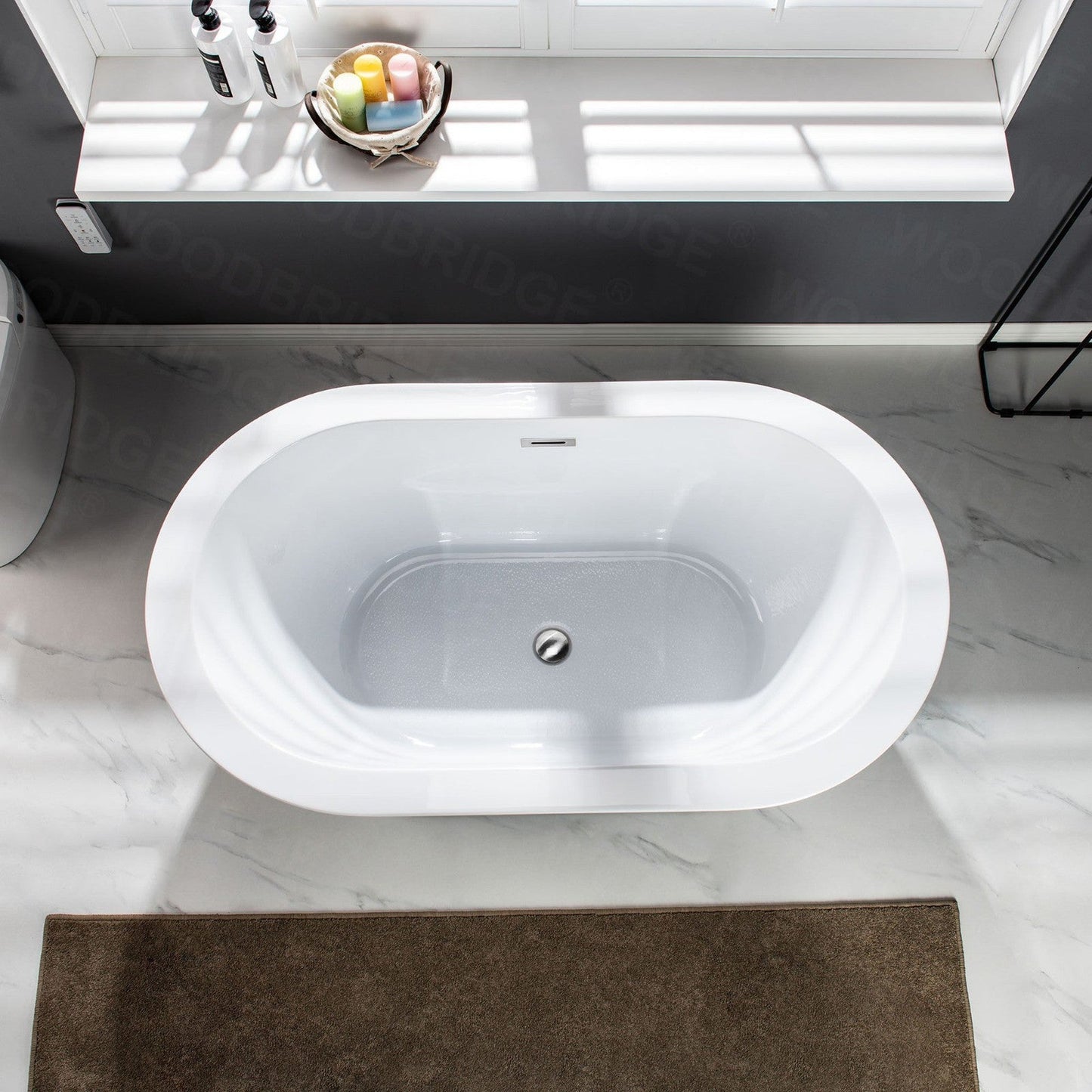 WoodBridge BTA0088 56" White Acrylic Freestanding Soaking Bathtub With Chrome Drain, Overflow, F0002CHRD Tub Filler and Caddy Tray