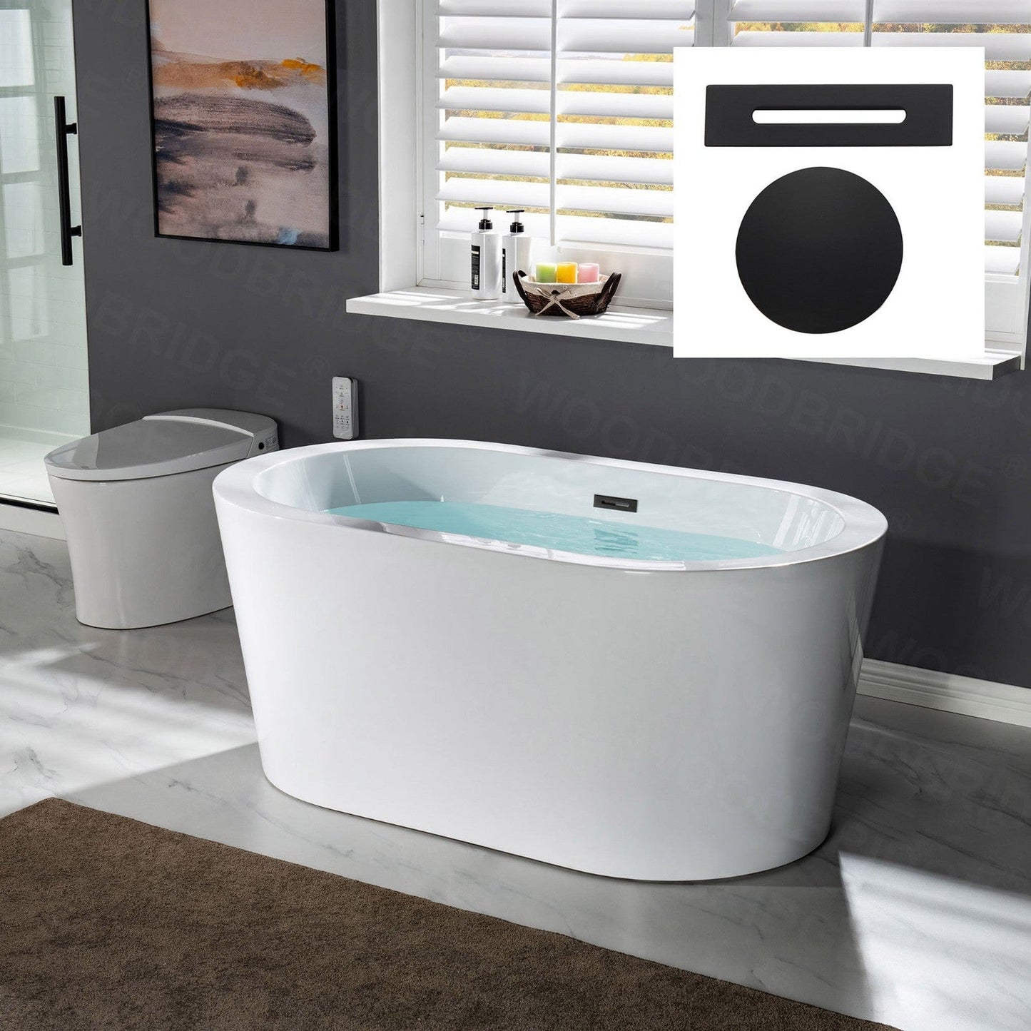 WoodBridge BTA0088 56" White Acrylic Freestanding Soaking Bathtub With Matte Black Drain, Overflow, F0025MBVT Tub Filler and Caddy Tray