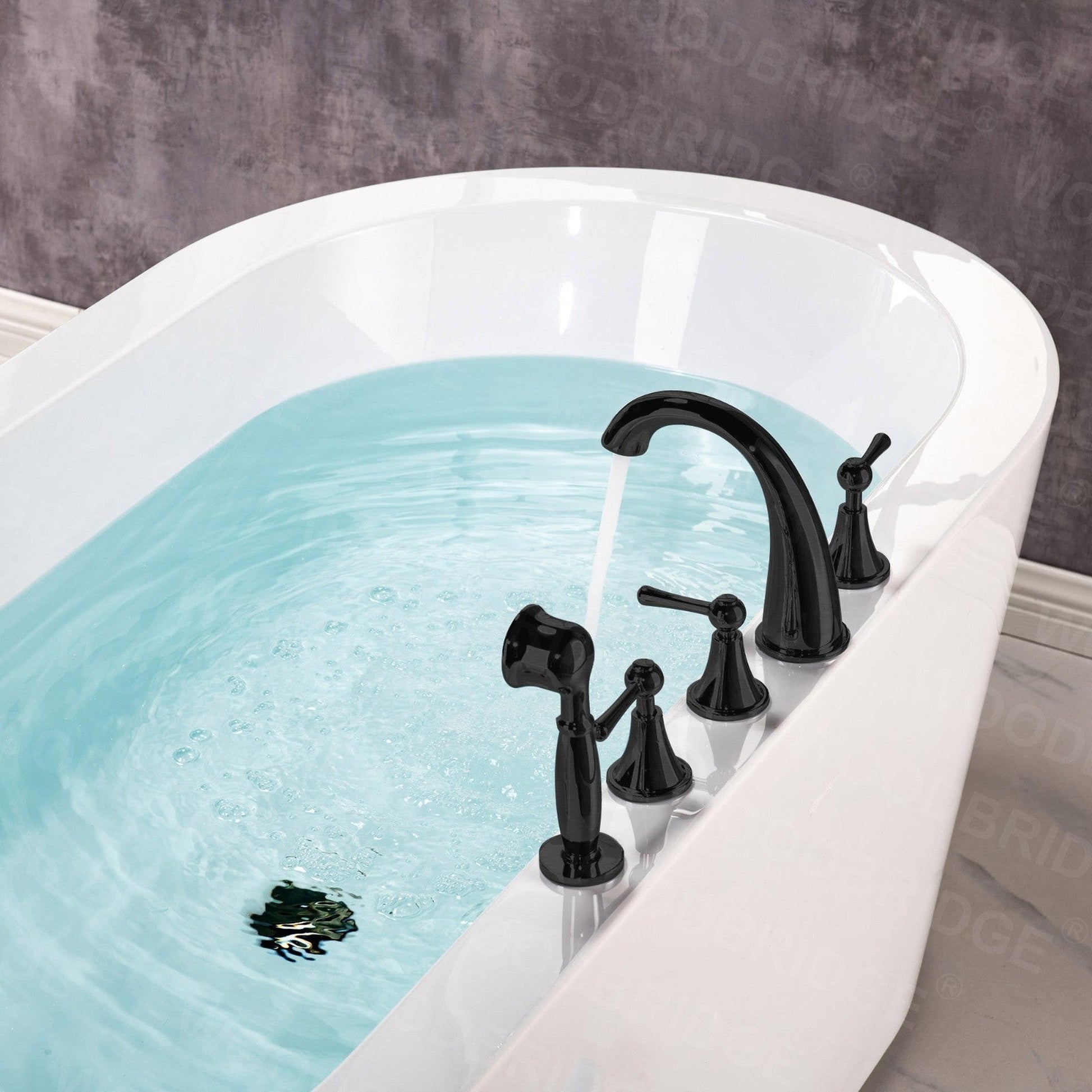 WoodBridge BTA0088 56" White Acrylic Freestanding Soaking Bathtub With Matte Black Drain, Overflow, F0072MBVT Tub Filler and Caddy Tray