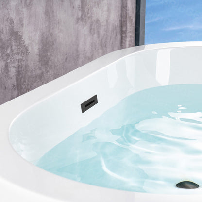 WoodBridge BTA0088 56" White Acrylic Freestanding Soaking Bathtub With Matte Black Drain and Overflow