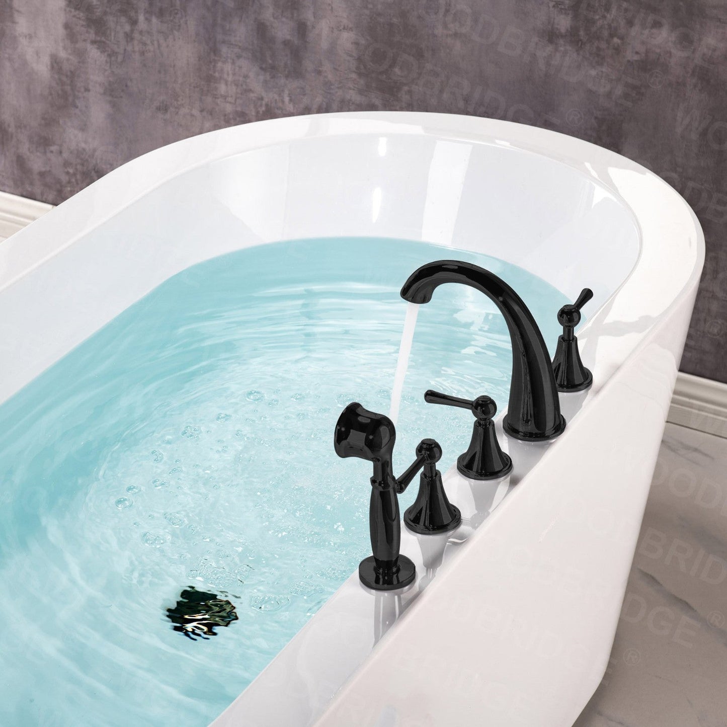 WoodBridge BTA0088 56" White Acrylic Freestanding Soaking Bathtub With Oil Rubbed Bronze Drain and Overflow