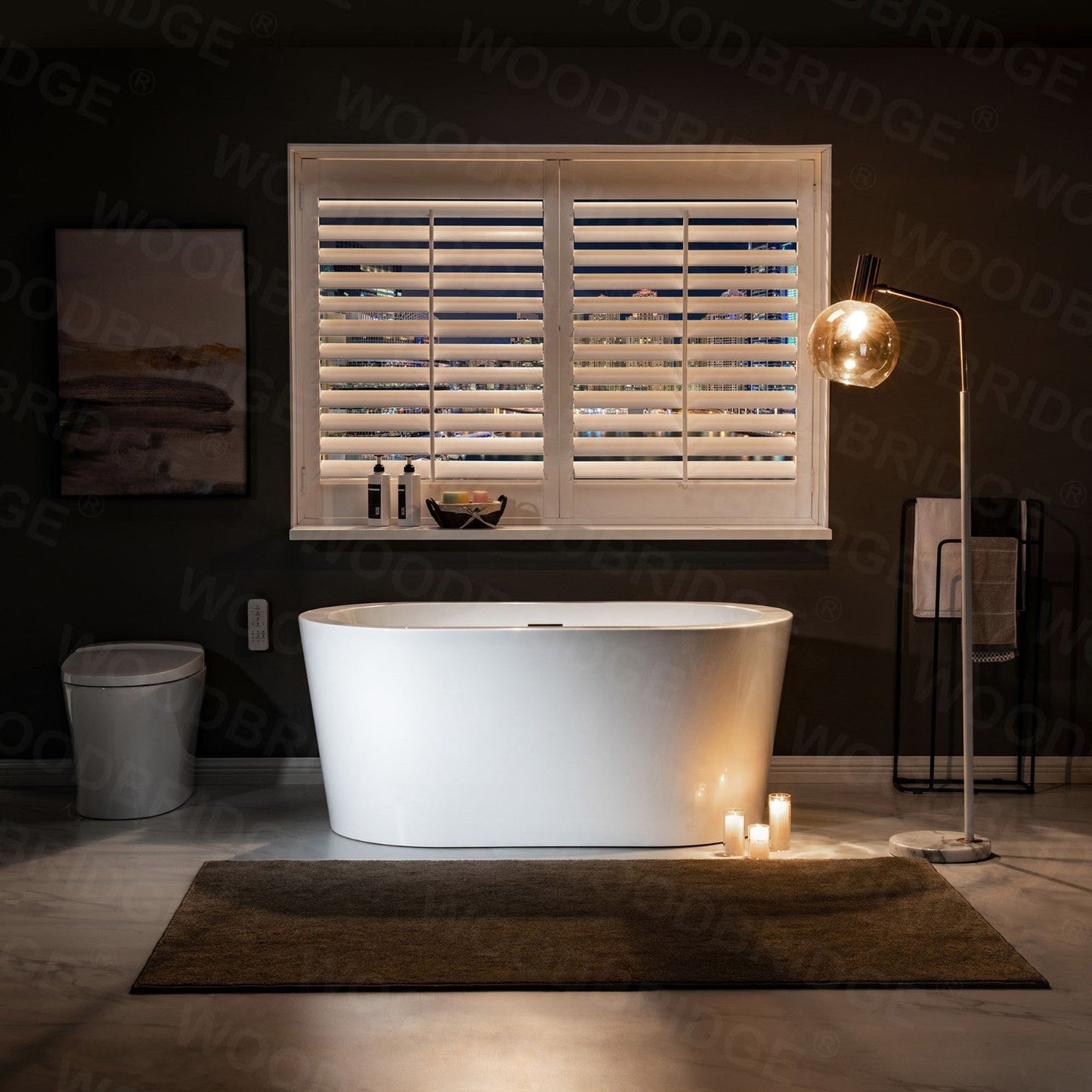 WoodBridge BTA0088 56" White Acrylic Freestanding Soaking Bathtub With Oil Rubbed Bronze Drain and Overflow