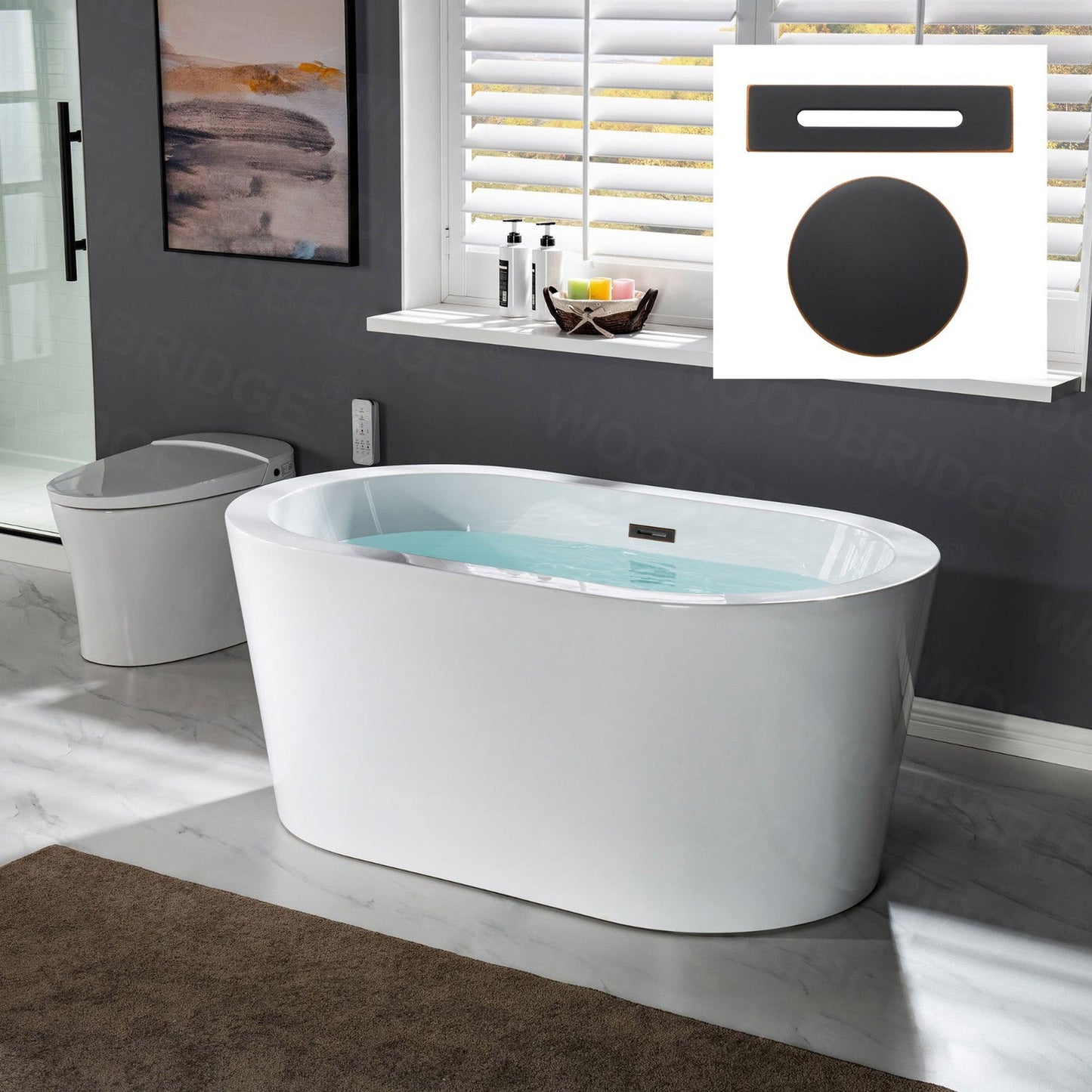 WoodBridge BTA0088 56" White Acrylic Freestanding Soaking Bathtub With Oil Rubbed Bronze Drain and Overflow