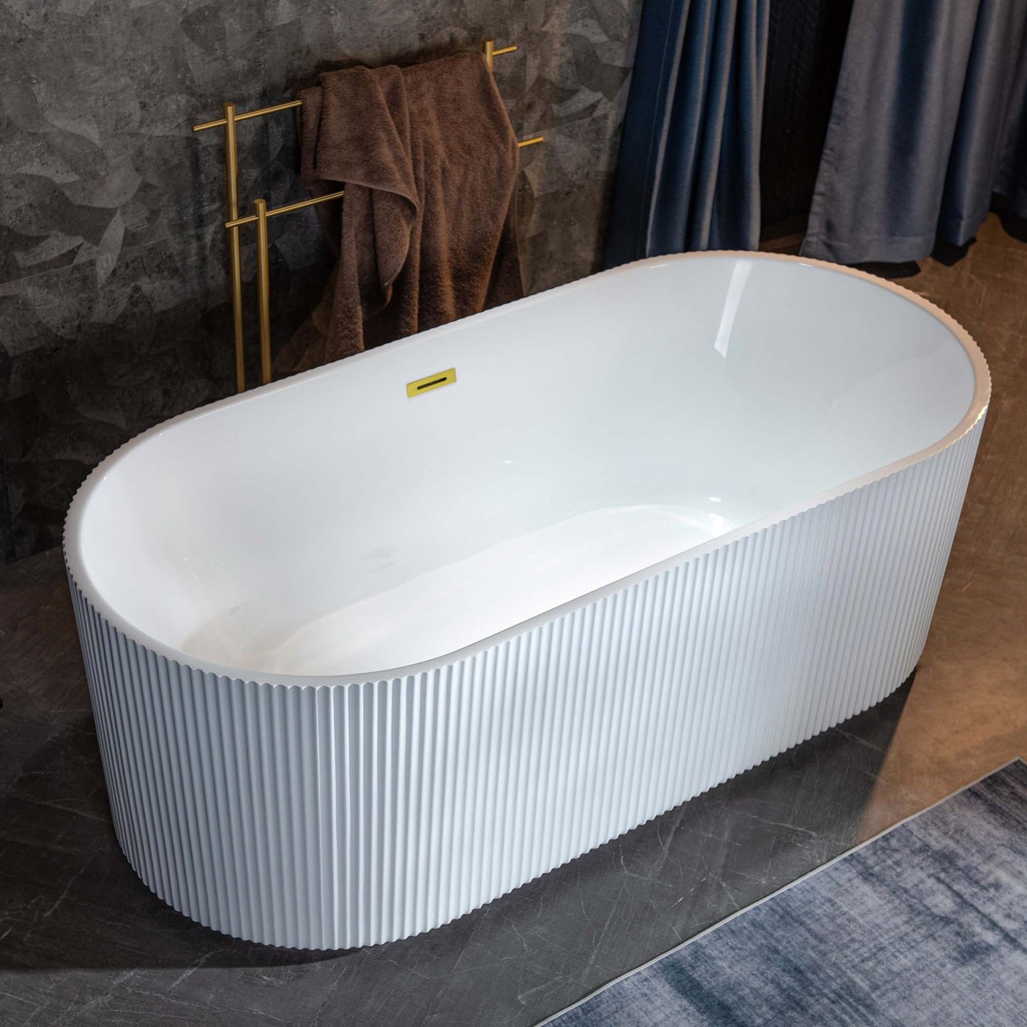 WoodBridge BTA1526 67" White Acrylic Freestanding Contemporary Soaking Bathtub With Brushed Gold Overflow and Drain