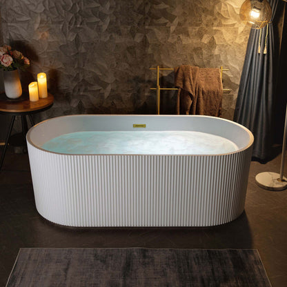 WoodBridge BTA1526 67" White Acrylic Freestanding Contemporary Soaking Bathtub With Brushed Gold Overflow and Drain