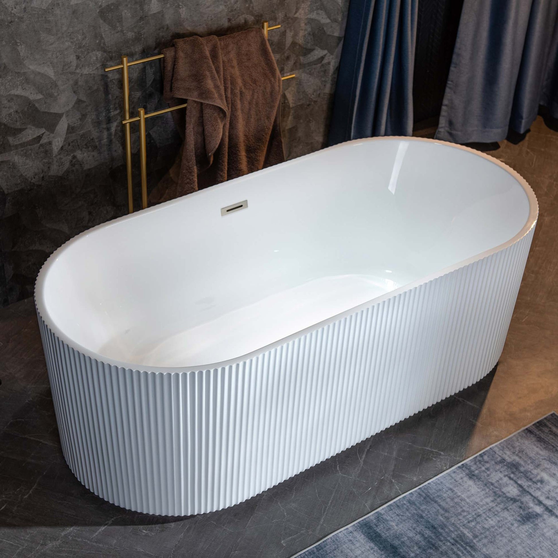 WoodBridge BTA1526 67" White Acrylic Freestanding Contemporary Soaking Bathtub With Brushed Nickel Overflow and Drain