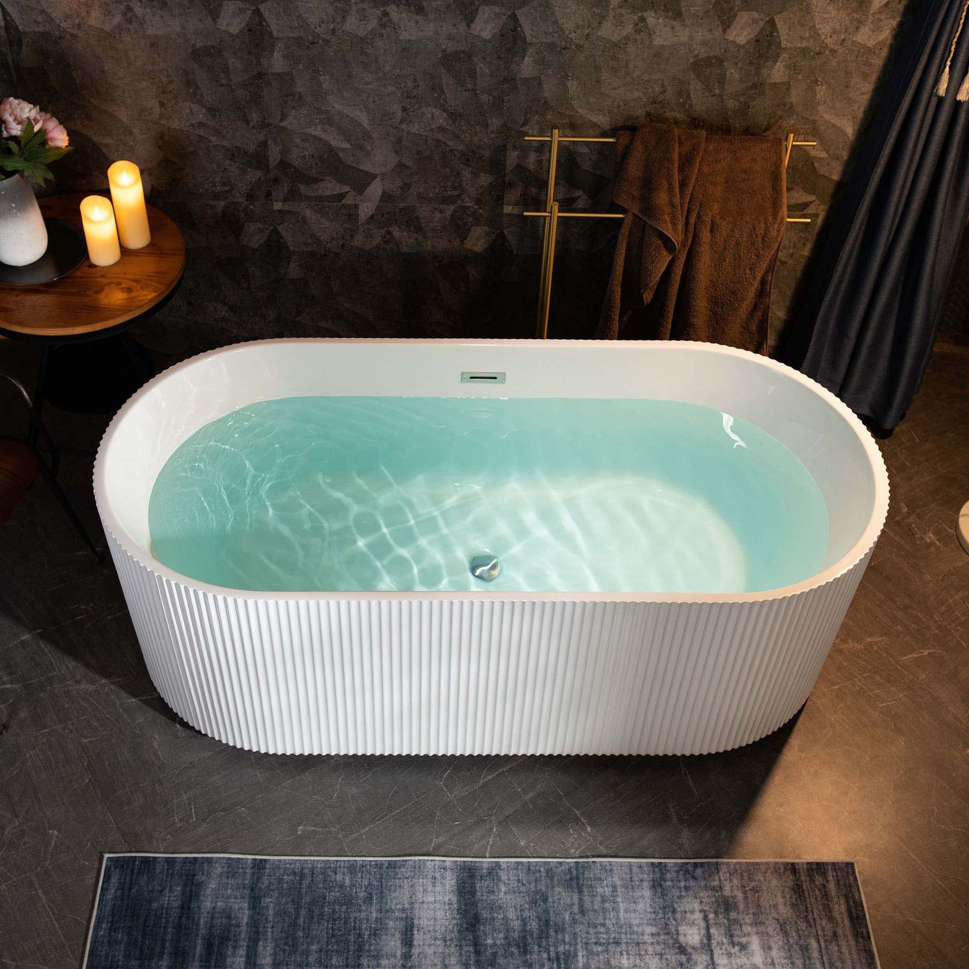 WoodBridge BTA1526 67" White Acrylic Freestanding Contemporary Soaking Bathtub With Chrome Overflow and Drain