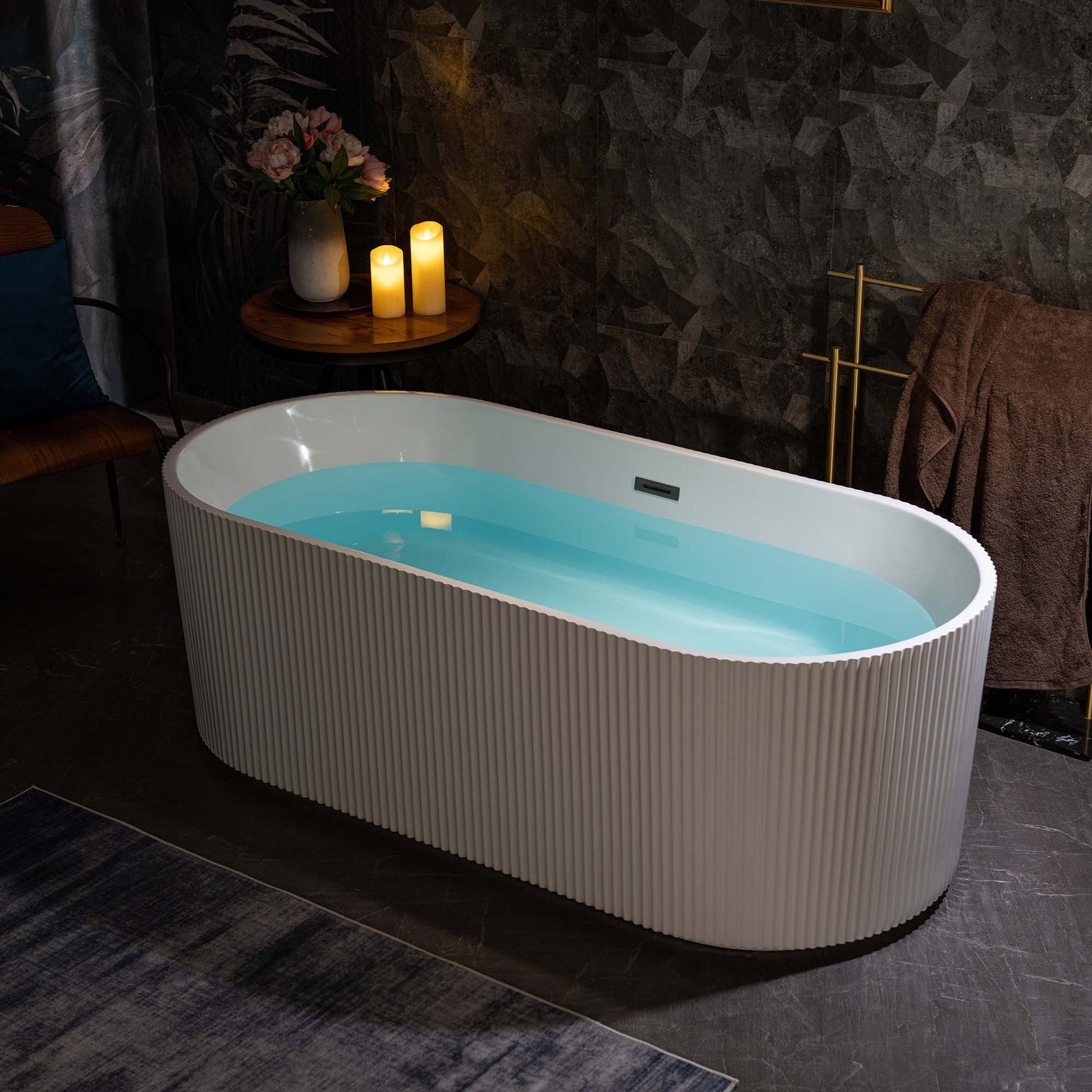 WoodBridge BTA1526 67" White Acrylic Freestanding Contemporary Soaking Bathtub With Matte Black Overflow and Drain