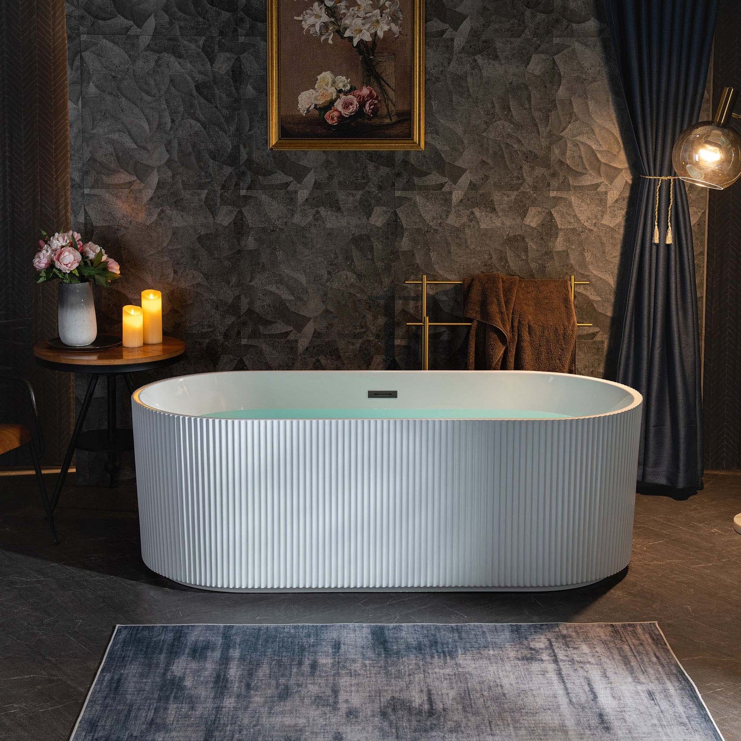WoodBridge BTA1526 67" White Acrylic Freestanding Contemporary Soaking Bathtub With Matte Black Overflow and Drain