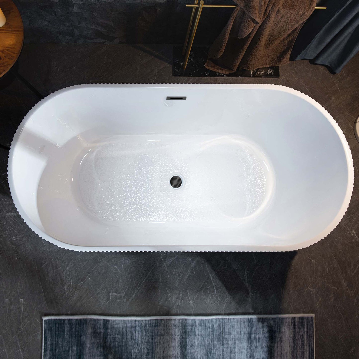 WoodBridge BTA1526 67" White Acrylic Freestanding Contemporary Soaking Bathtub With Matte Black Overflow and Drain