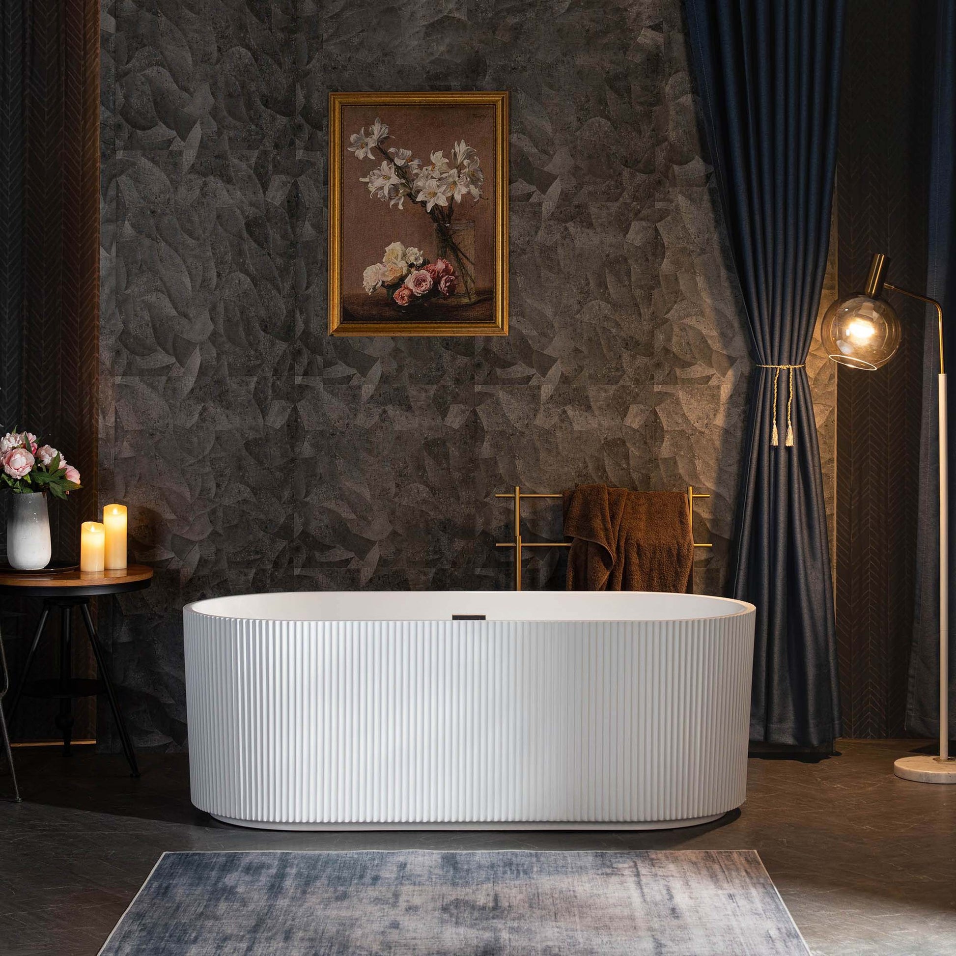 WoodBridge BTA1526 67" White Acrylic Freestanding Contemporary Soaking Bathtub With Oil Rubbed Bronze Overflow and Drain