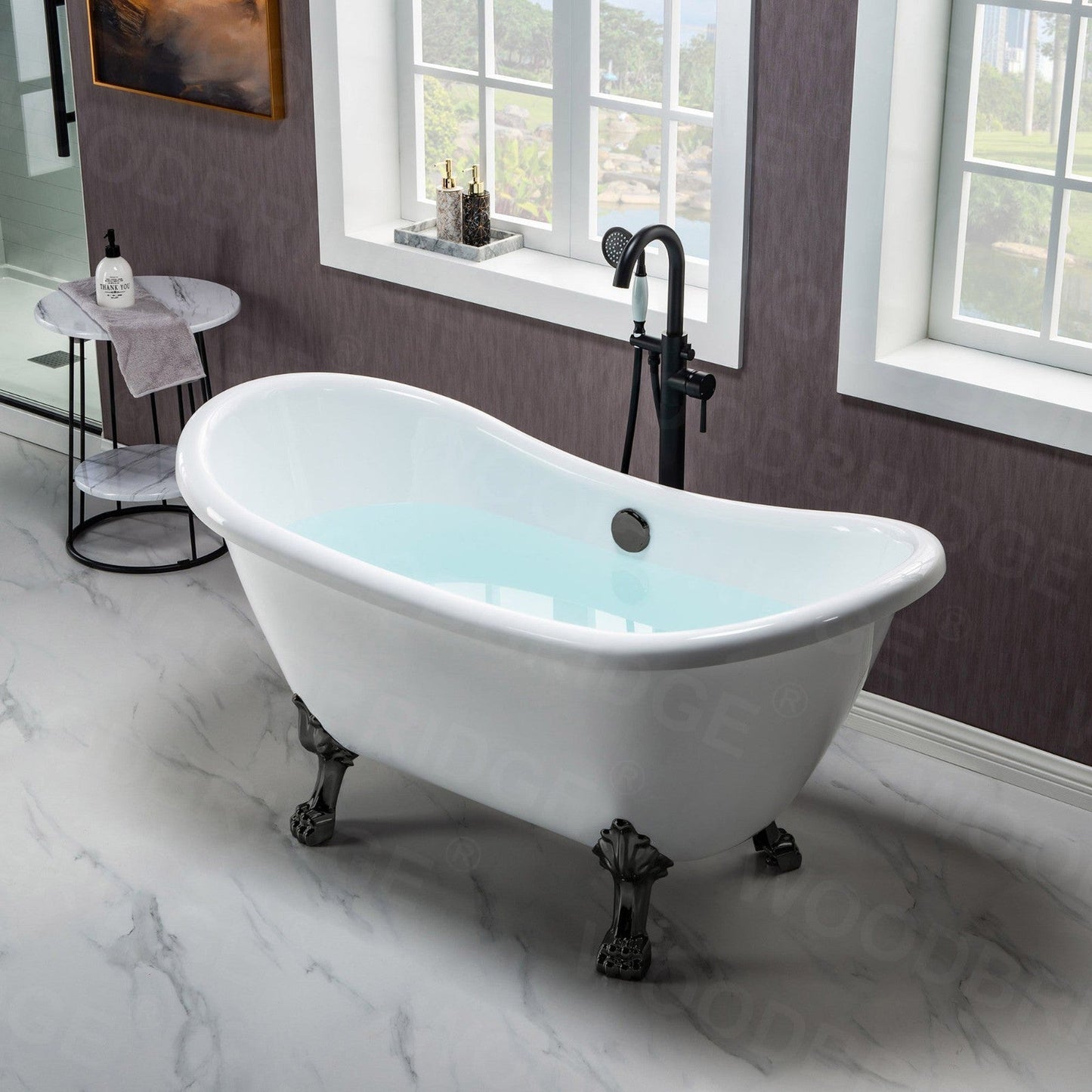 WoodBridge BTA1540 59" White Heavy Duty Acrylic Double Slippe Clawfoot Bathtub With Matte Black Feet, Drain, Overflow, F0006MBRD Tub Filler and Caddy Tray