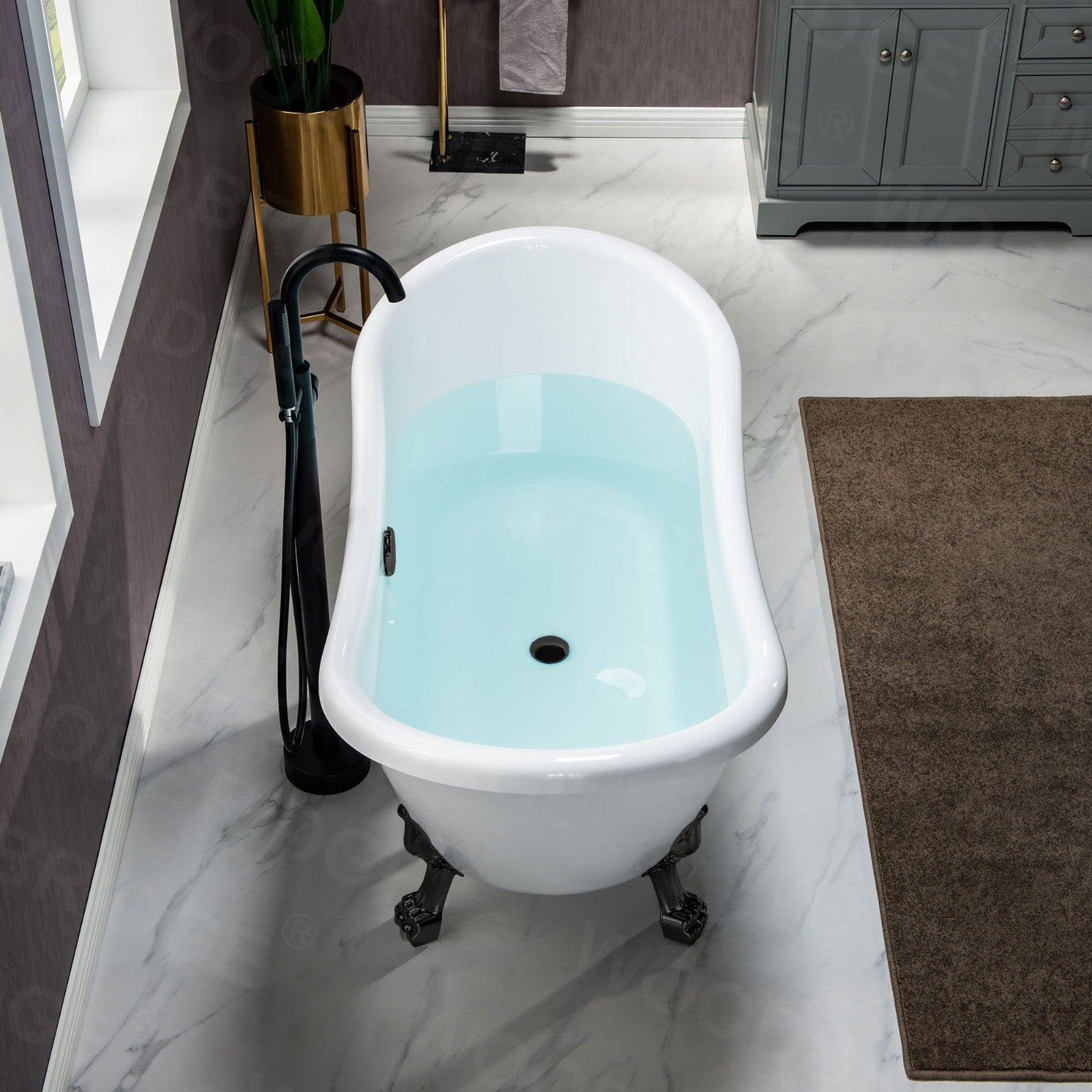 WoodBridge BTA1540 59" White Heavy Duty Acrylic Double Slippe Clawfoot Bathtub With Matte Black Feet, Drain, Overflow, F0006MBRD Tub Filler and Caddy Tray